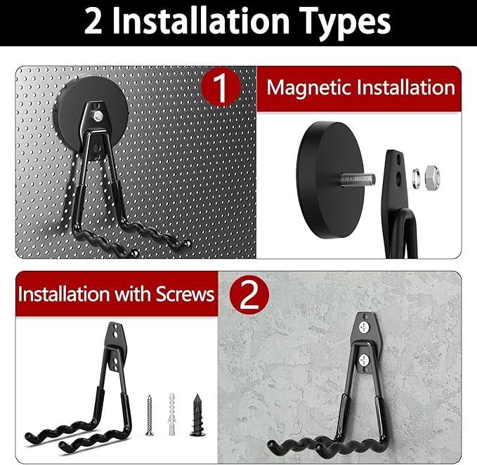 3-H Extra Strong Magnetic Hooks,Heavy Duty Large Anti-Slip Magnet Hooks Wave Shape,No-Drill Tool Holder for Garage,Power Drill,Garden Tools,Hose Storage,4 Pack Black