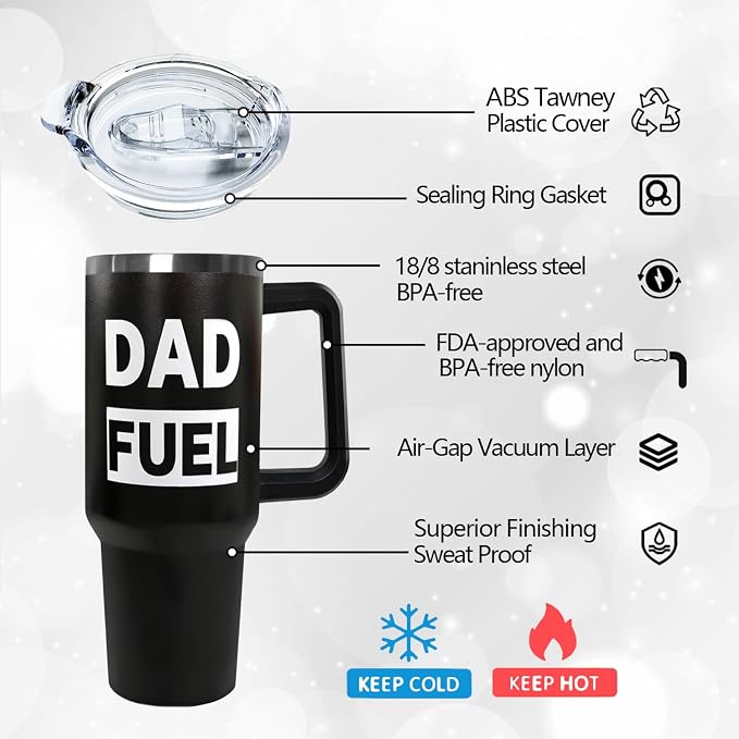 Ceovfoi 40 oz Dad Fuel Tumbler with Handle Lid and Straw,Black Dad Stainless Steel Cups Mug water Botter,Fathers Day Gift For Dad from Gaughter