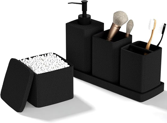 Matte Black Bathroom Accessories Set 5 Pieces, Resin Toothbrush Holders Set Complete with Soap Dispenser, Toothbrush Holder, Vanity Tray, Bathroom Tumbler and Qtip Holder for Small Spaces