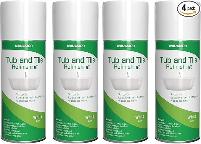 NADAMOO Tub and Tile Spray Paint White, 450ml, 4 Cans, Aerosol Bathtub Refinishing Kit for Porcelain Fiberglass Ceramic, DIY Resurfacing Bathroom Sink Countertop