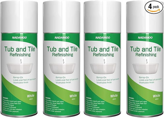 NADAMOO Tub and Tile Spray Paint White, 450ml, 4 Cans, Aerosol Bathtub Refinishing Kit for Porcelain Fiberglass Ceramic, DIY Resurfacing Bathroom Sink Countertop