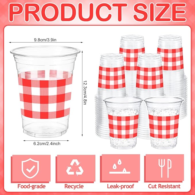 100 Pcs Red Gingham Plastic Cups 12 oz Red Checkered Plaid Disposable Plastic Drinking Cups Bulk for Baby Shower Wedding Birthday Christmas Party Decoration Supplies