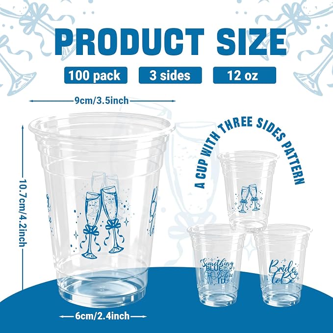100Pcs Wedding Plastic Cups 12oz Something Blue Before I Do Disposable Clear Plastic Cups, Bridal Shower Theme Party Drinking Cup for Wedding Party Supplies