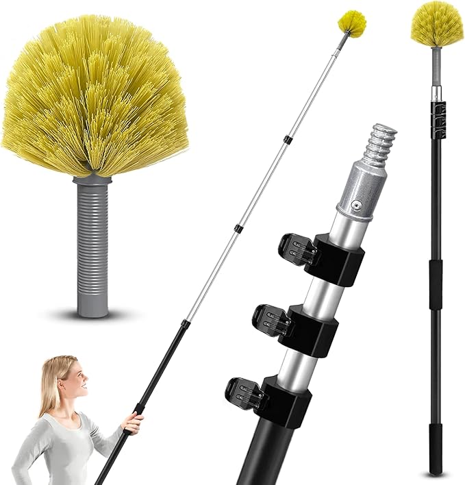 ARTIPOLY 4-12ft Cobweb Duster with Extension Pole, 20 Foot High Reach Feather Dusters with Bristles for Cleaning Outdoor Indoor, 4-Stage Spider Web Remover with Telescopic Pole for Ceiling Wall Yellow