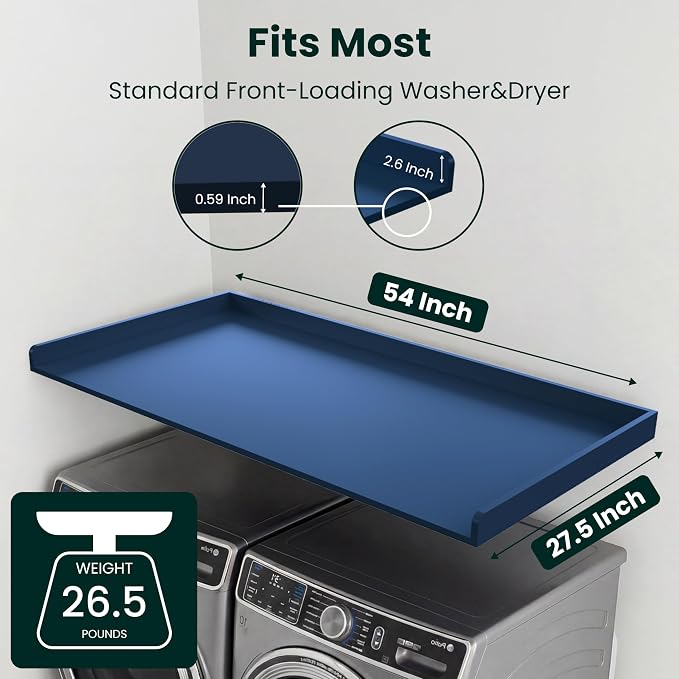 Premium Washer Dryer Countertop 54" W x 27.5" D x 3.1" H, One Solid Base Board Laundry Room Topper with Edge Rails, Washing Machine Top, Painted Finish, Anti-Slip Feet, Engineered Wood, Blue Color