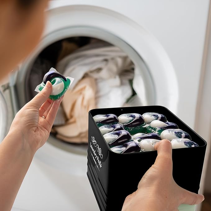 ELITAPRO Modern Farmhouse Laundry Pods Container - Metal Detergent Pods Holder with Lid for Laundry Room Decor & Accessories - Organization & Storage