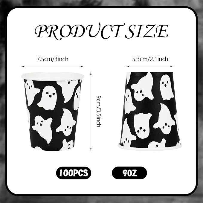 AimFun 100Pcs Halloween Ghost Paper Cups Ghost Spooky Party Cups Black White Boo 9oz Disposable Cold Hot Coffee Drinking Cups for Halloween Party Supplies Table Decor