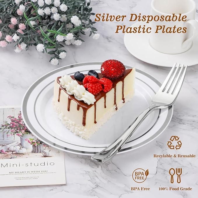 BESTVIP 200PCS Silver Plastic Plates, 10.25 Inch Disposable Dinner Plate Party with Silver Rim for Christmas, Thanksgiving, Heavy Duty Disposable Plastic Plates for Party, Wedding and Birthday, Events