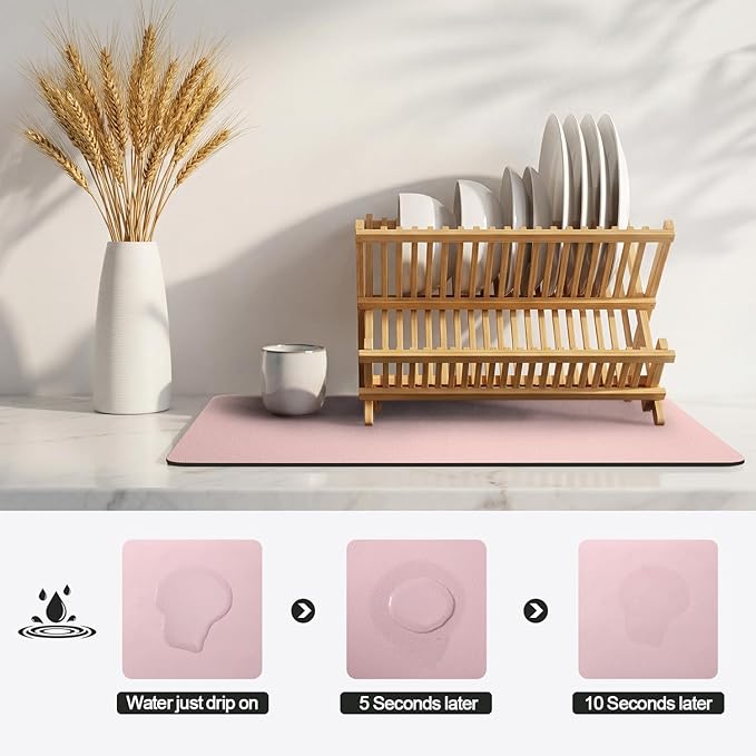 Ecotrim - Dish Drying Mat for Kitchen Counter | Coffee Bar Mat for Countertops | Heat Resistant Drainer Mat with Non-slip Rubber Backed | Hide Stain Kitchen Absorbent Draining Mat | Pink 16"x20"