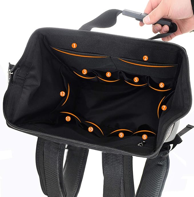Backpack Tool Bag with Padded Back Support Heavy Duty Tool Kit Carrier Storage Bags for Electrician, Plumber, HVAC, Cable Repairman