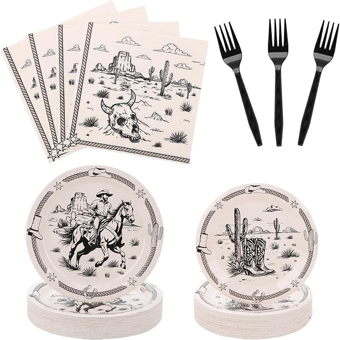 200PCS Cowboy Party Supplies Serve 50,Western Cowboy Rodeo Theme Party Paper Plates,Napkins,And Forks Kit for Birthday,Baby Shower Decorations