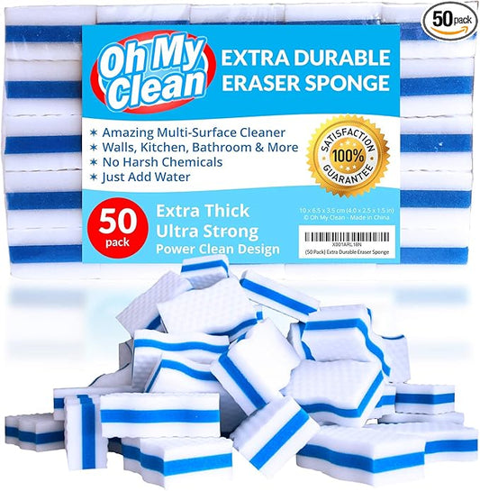 (50 Pack) Extra Durable Eraser Sponge – Extra Thick, Long Lasting Magic Melamine Cleaning Sponges in Bulk – Foam Pads for Walls, Kitchen, Bathroom, Floor & Baseboard Cleaner