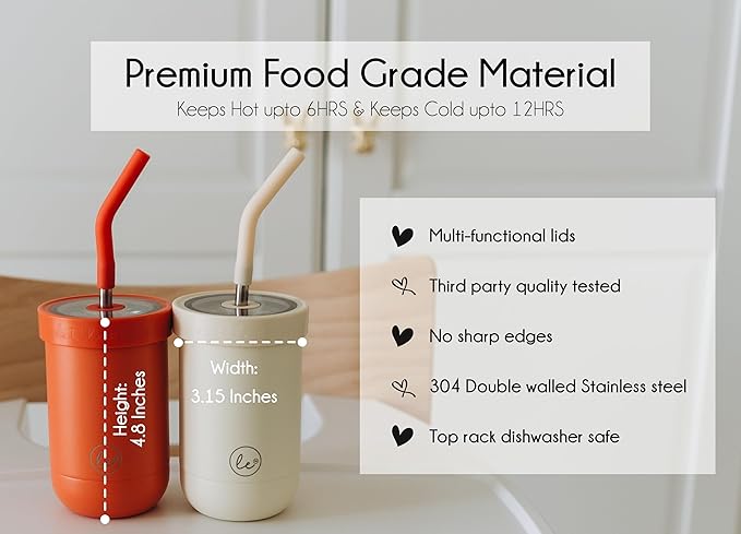 Double walled Insulated Smoothie cups for kids | Toddler Cups with Straws | Set of 2 Straw Sippy Cup | Stainless steel baby cup with Thermos Lid for Hot Storage | Kids Straw Cups