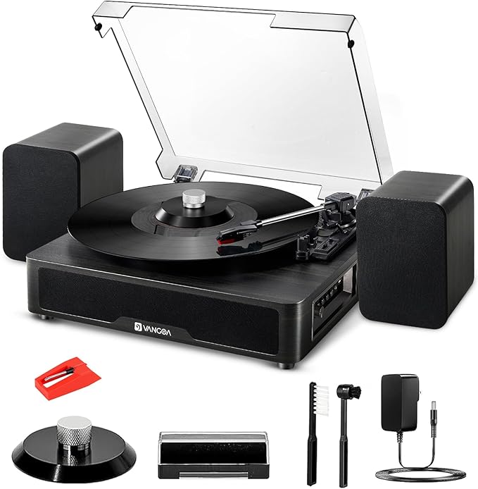 Vangoa Vinyl Record Player with Bookshelf Speakers Bluetooth Vintage Turntable for Vinyl Records Belt-Drive 3 Speed Portable LP Players Wooden Vinyl Players Auto Stop with Cleaning Kits, Black
