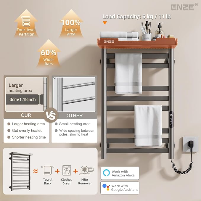 ENZE Smart Heated Towel Rack, 8-Bar Wall-Mounted Electric Towel Warmer with Shelf, Wi-Fi App Control, Adjustable Temperature & 24H Timer, Low Carbon Steel, IPX5, Plug-in/Hardwired, Gray