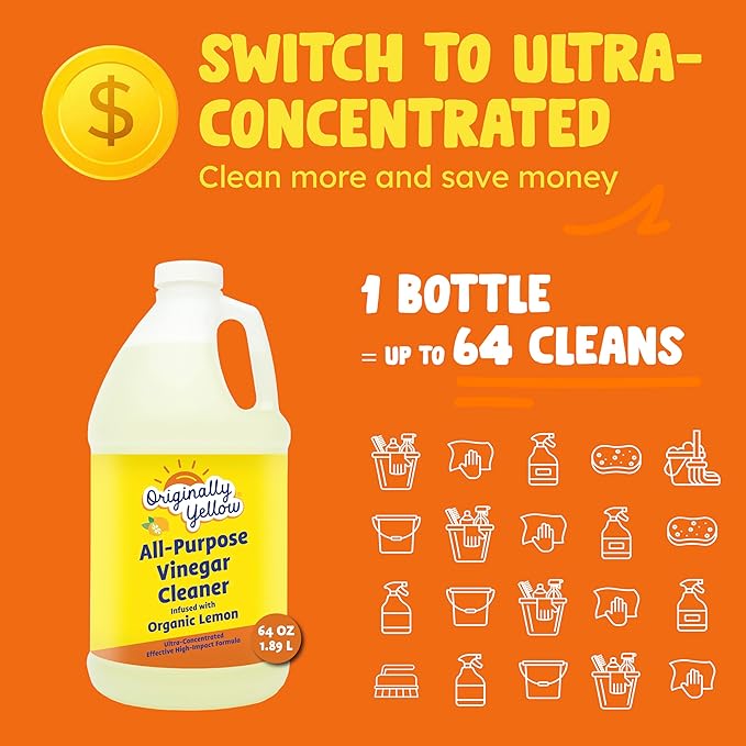 Originally Yellow Lemon Vinegar For Cleaning Purpose | USA Made All Purpose Cleaner | Use as a Floor, Glass, Kitchen, & Bathroom Cleaner | Plant Derived Vinegar Half Gallon | 64 Oz