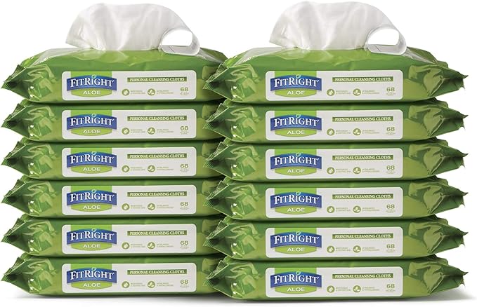 FitRight Aloe Personal Cleansing Cloth Wipes, Scented, 8 x 10 inch Adult Large Incontinence Wipes, 68 Count, Pack of 12