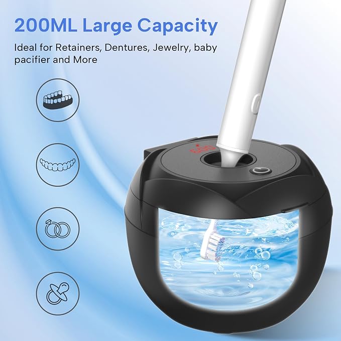 Ultrasonic Retainer Cleaner-45kHz Retainer Cleaner Machine,4 Modes Ultrasonic Cleaner for Dentures, Aligners,Mouth Guards, Braces,Toothbrush,Jewelry-200ML Dental Pod(Black)