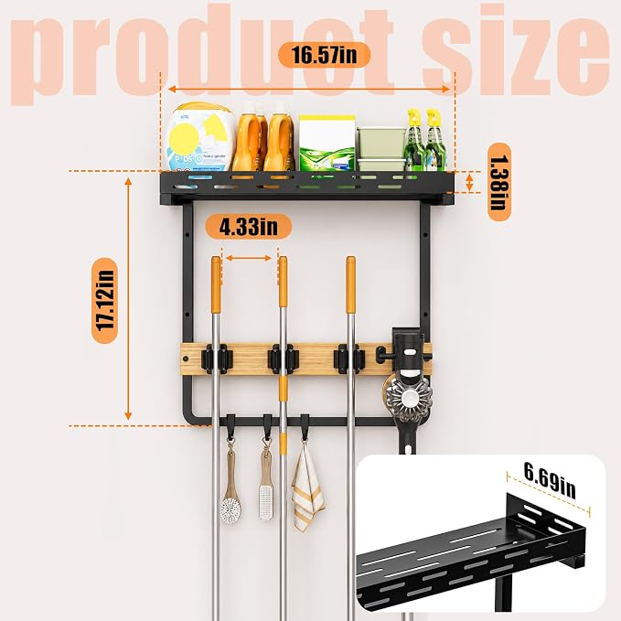 Broom Holder Wall Mount with Shelf, Small Mop Tool Organizer | 3 grippers, 3 hooks, vacuum slot, bamboo board, spray bottle tray, garage utility use