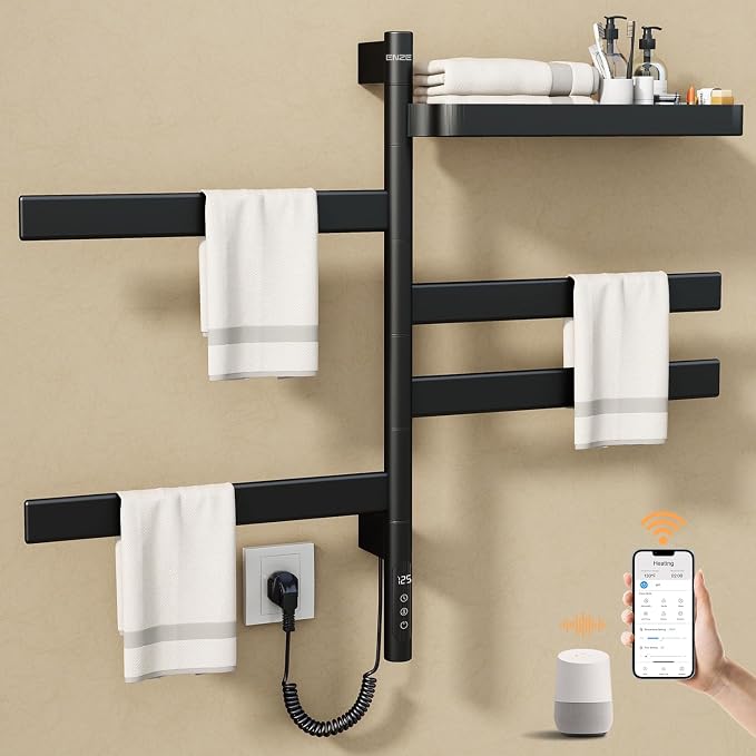 ENZE Smart Rotating Heated Towel Rack for Bathroom, 4-Bar Wall-Mounted Electric Towel Warmer with Swivel Shelf, Wi-Fi App Control, 24H Timer, Stainless Steel, IPX5, Hardwired/Plug-in, Matte Black