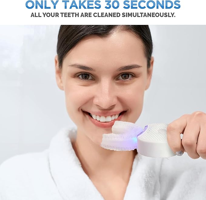 FREEZE2TRIM Sani White Ultrasonic Toothbrush, Ortho Sparkle Sonic Glow Brush, 360 Brite Adult U Shaped Toothbrush Ultrasonic Tooth Cleaner Teeth Whitening Light Electric Automatic Hands Free