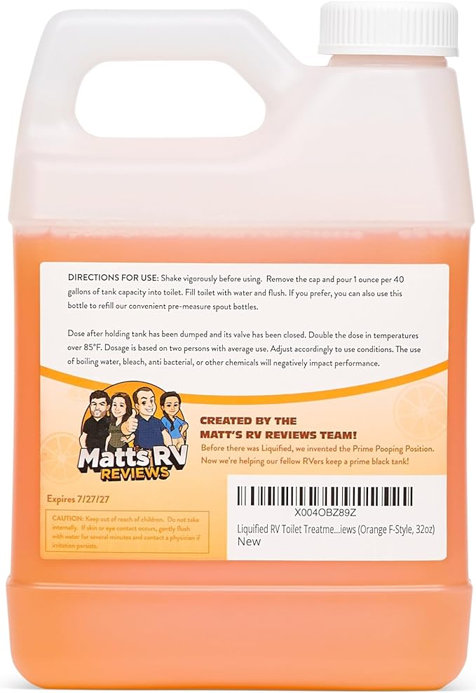 Liquified RV Toilet Treatment - Orange Scent, 32oz Standard Pour Bottle - Holding Tank Waste Digester & Odor Eliminator, Septic Safe, Biodegradable - Made in USA