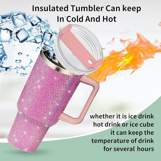 HWISDMIG 40oz Tumbler with Handle-Glitter Rhinestones Tumbler Bling Cups Stainless Steel Water Bottle Diamond Studded Tumbler for Women-Birthday Gifts for Women, Mom, Wife, Girlfriend (40 oz, Pink)