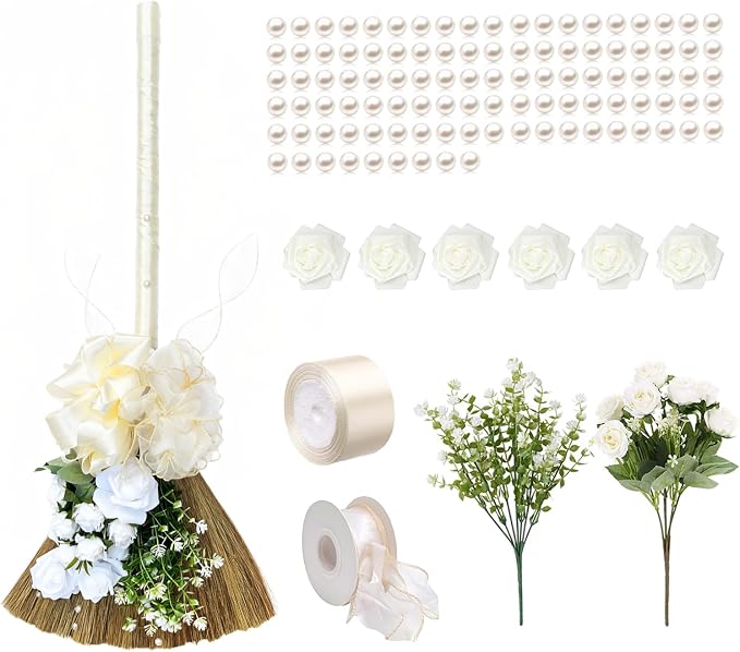 Wedding Broom for Jumping & Wedding Ceremony, DIY Decorative Broomstick with Ribbons, Artificial Pearl, Camellia, Roses - Ideal for African American Weddings