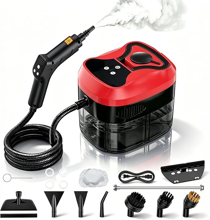 Handheld Steam Cleaner, 6-Level Adjustable Handle, 15s Heat-Up, 1800W High-Pressure Steamer for Cleaning with 1.6L Large Tank, Portable Steam Cleaner for Home, Car, Grout, Couch, Floor (Red)