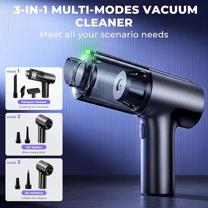20000Pa Cordless Car Vacuum, 80,000 RPM Brushless Motor Handheld Vacuum with 7-in-1 Air Duster Blower, Portable Type-C Rechargeable Cleaning Kit for Pet Hair, Home & Office, Grey