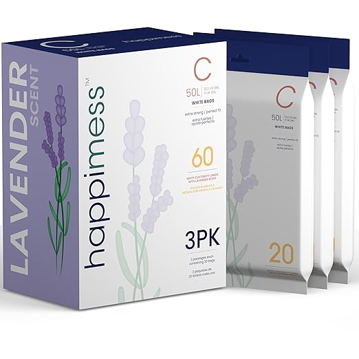 happimess 13.2 Gallon (50L) Drawstring Trash Bags, Lavender Scent, White, Heavy Duty MDPE Liners for Kitchen and Household, Odor Control, Custom Fit 60 Count (3-Packs of 20 Liners) HPM3101C-WHITE