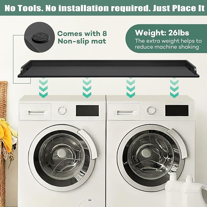 Washer Dryer Countertop, 54 x 27.5 Inch Washer Dryer Topper, Laundry Topper for Washer and Dryer, No Installation MDF Top with Raised Edge, Black
