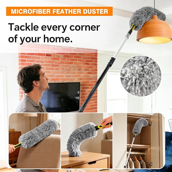 ARTIPOLY 4-12Ft Telescoping Extension Pole Kit, 5-in-1 High Reach Duster with Chenille Window Squeegee Microfiber Feather Cobweb Duster for Ceiling Wall Hard-to-Reach Indoor & Outdoor Cleaning Yellow
