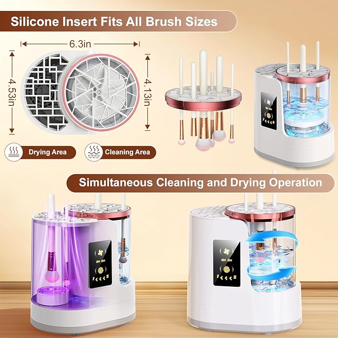 Makeup Brush Cleaner Machine Gray, Automatic Brush Cleaning & Drying Machine with Dual-Direction Cleaning
