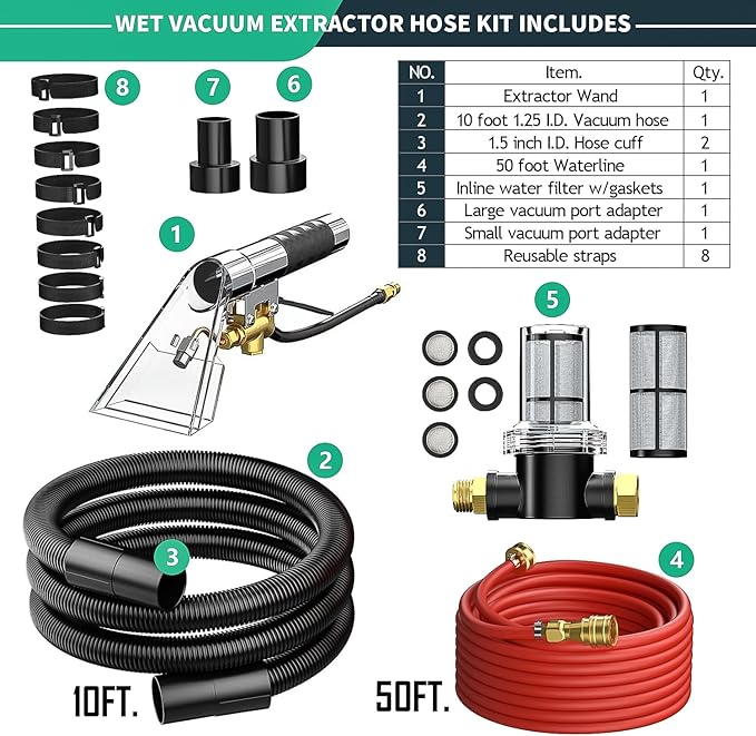 Shop Vac Extractor Kit,Spray Aspirating Of Wet Vacuum Hose Extractor Kit,with 50FT Waterline Convert the Universal Shop Vacuum,Into A Professional Auto Carpet Cleaner Machine,for Household,Car,Textile