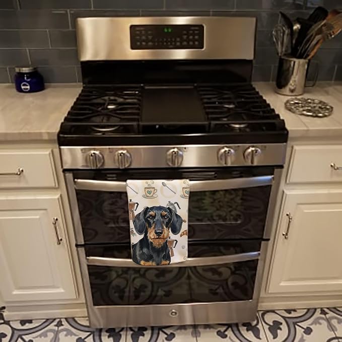 Caroline's Treasures Wirehaired Black and Tan Dachshund Coffee Bar Kitchen Towel Velour Plush Front and Cotton Loop Back Machine Washable