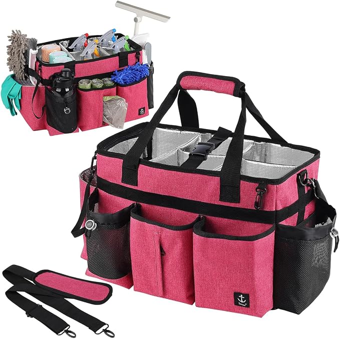 Large Cleaning Caddy Bag Built-in Sturdy Support Board, Cleaning Organizer with Detachable Divider, Cleaning Supply Tote with Adjustable Shoulder Strap&Waist Belt for Cleaners & Housekeeper