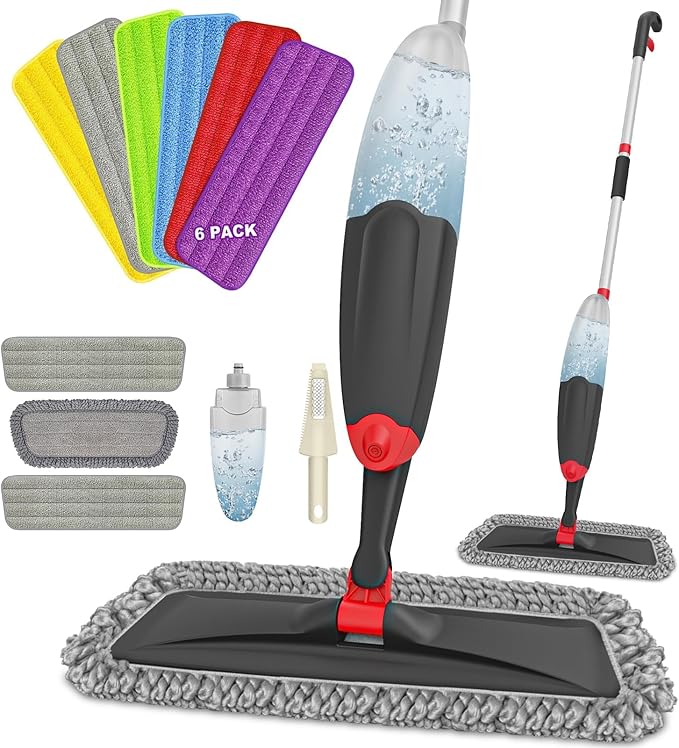 HOMTOYOU Spray Mops with 9 Reusable Pads: Wet Mop for Hardwood Tile Wood Laminate Vinyl - Absorbs Pet Hair Dust