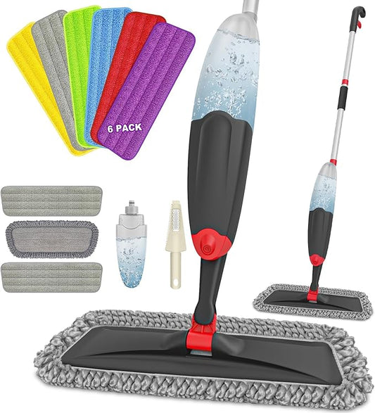 HOMTOYOU Spray Mops with 9 Reusable Pads: Wet Mop for Hardwood Tile Wood Laminate Vinyl - Absorbs Pet Hair Dust