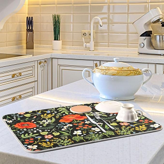 Colorful Floral Large Dish Mat Absorbent Drying Mats for Countertop 18 x 24 Inches Kitchen Dry Mat for Dishes