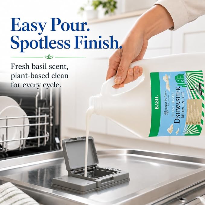 Ginger Lily Farms Plant-Based Dishwasher Detergent Gel, Basil Scent, 1 Gallon Refill (Pack of 4), Eco-Friendly, 100% Vegan & Cruelty-Free