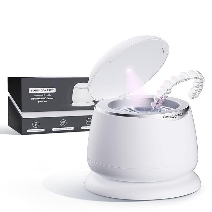 Sonic Odyssey Portable & Wireless Ultrasonic Cleaner for Aligners Retainers Dentures & Mouthguards, Multi-Frequency Clean 45–50 kHz, 3 & 5 Minute Cycles, For Oral Dental Care (Pearl White)