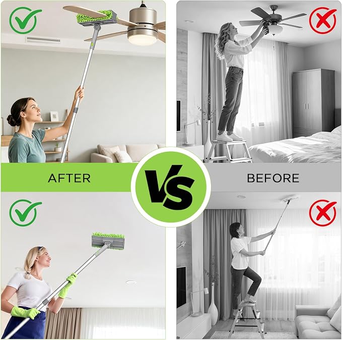 Cleaning Fan Duster Set with 72 Inch Extendable Handle, Reusable Crevice Fan Cleaner Brush, Cleaning Cloth, 4Fan Brush Cloths, Flat Duster for Under Appliances, Ceiling Fan Blade, Blinds, Baseboard