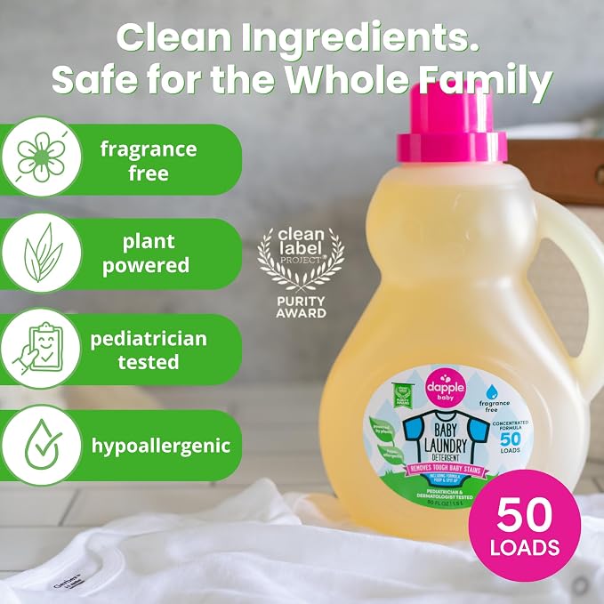 Dapple Baby Laundry Detergent, Plant Powered, Hypoallergenic, Fragrance Free, Concentrated, 50 fl oz (Pack of 2)