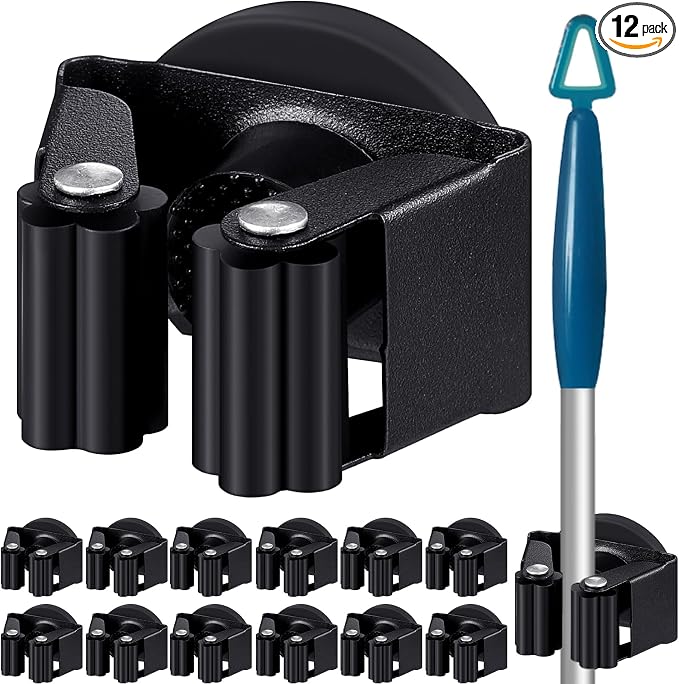 Vercraft 12 Pcs Magnetic Mop Broom Holder Movable Magnetic Broom Holder Rack, Anti Slip Wall Mounted Utility for Cleaning Tools, Garage, Kitchen, Laundry, Garden (Black)