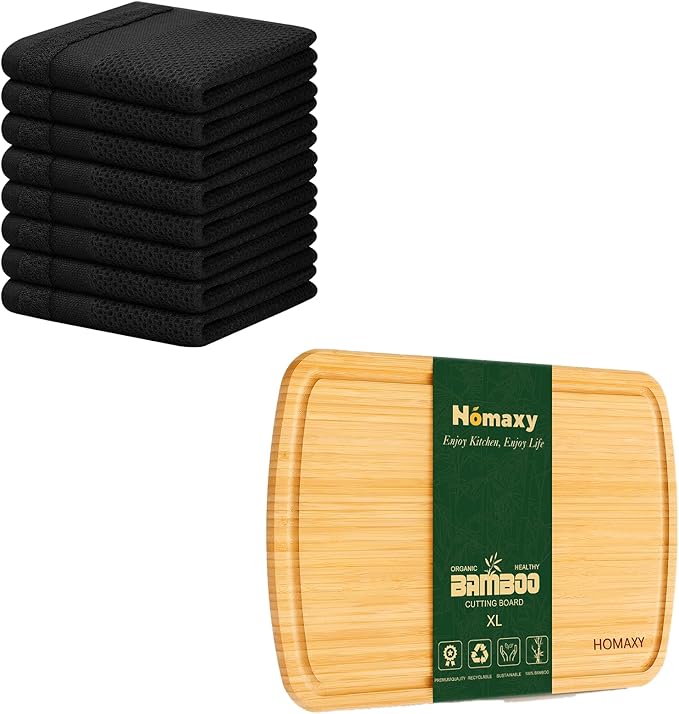 Homaxy Dish Cloths, 8 Pack - 12 x 12 Inches, Waffle Weave Super Soft and Absorbent Dish Towels and Extra Large Bamboo Cutting Board for Kitchen, 18x12.5 Wood XL Cutting Board