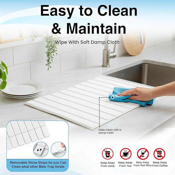 Large PU Leather Surface Quick Drying Dish Drying Mat with Diatomaceous Earth Stone For Kitchen Counter 25"x16" – Foldable and Absorbent Kitchen Counter Mat, Includes Silicone Faucet Mat White