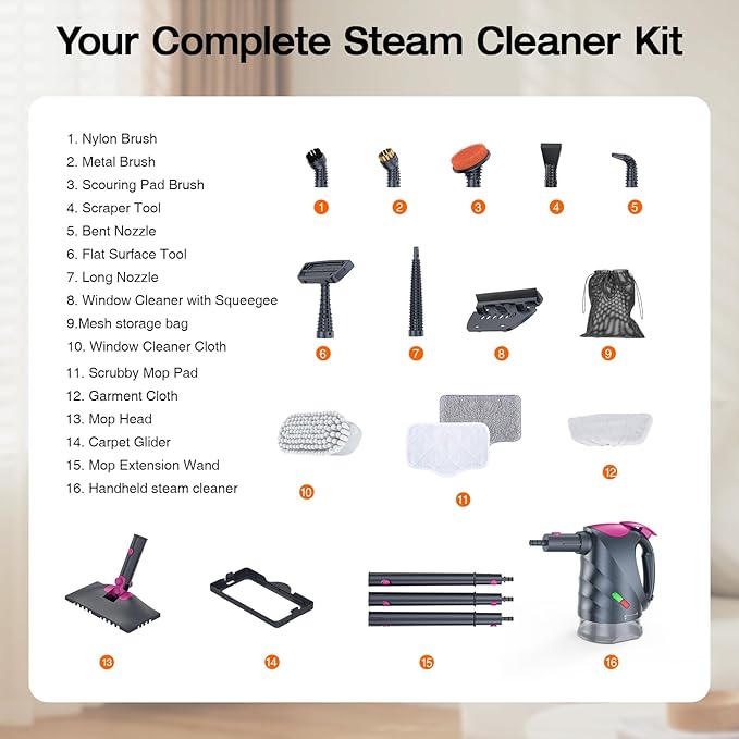 10-in-1 Steam Cleaner, Steam Mop with Detachable Handheld Steamer, 320ml Water Tank, 10s Fast Heating, Portable Steamer for Cleaning Floor, Tiles, Kitchen, Window, BBQ Grill, Car, Gray