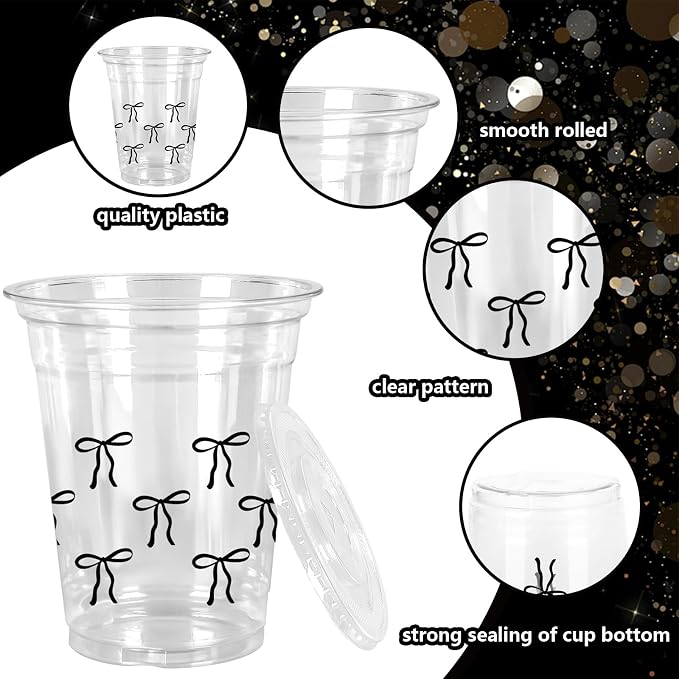 FYSUIMU 50Pcs 12Oz Black Bow Plastic Cups with Lids & Straws Cute Bowknot Clear Disposable Cups for Coquette Birthday Baby Shower Party Supplies