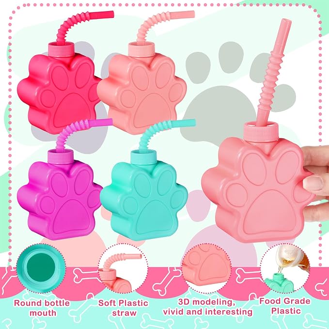 Sratte 24 Pieces 10 oz Dog Paw Cups for with Straw and Lid Dog Theme Birthday party Plastic Puppy Paw Print Drinking Cups for Pet Theme Party Supplies Decorations